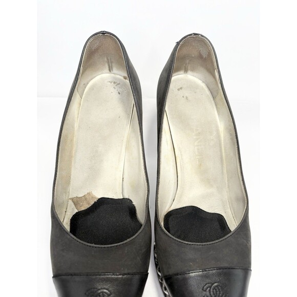 Chanel Black Platform Pumps w/ White Chain Detail Black Suede Cap Toe Heels 36 6 - Picture 7 of 15